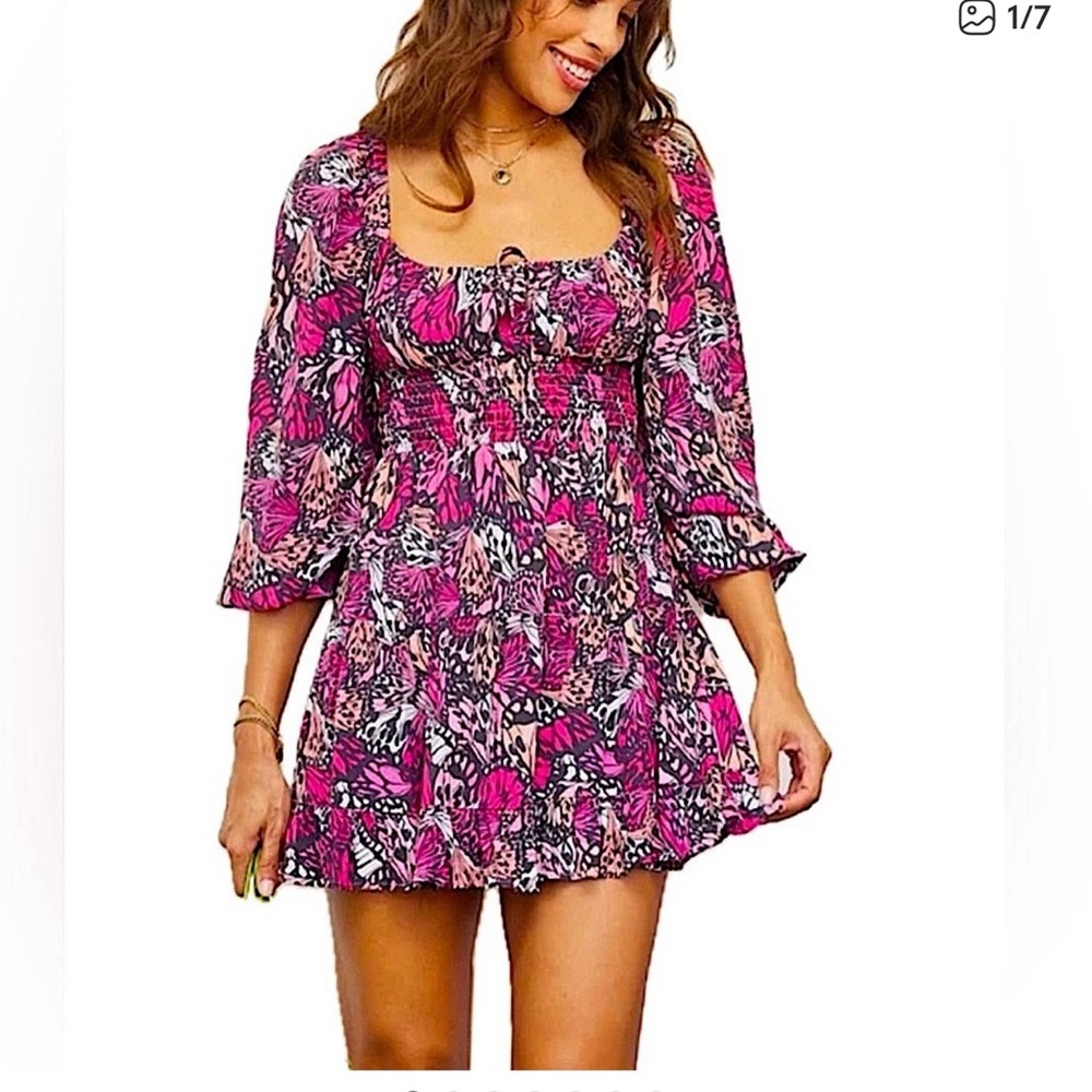 Pink Butterfly Smocked Mini Dress
